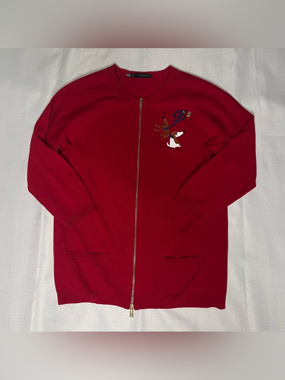 DSquared2 100% Wool Cherry Red Zip Cardigan Appliqué Novelty Preppy Après-Ski